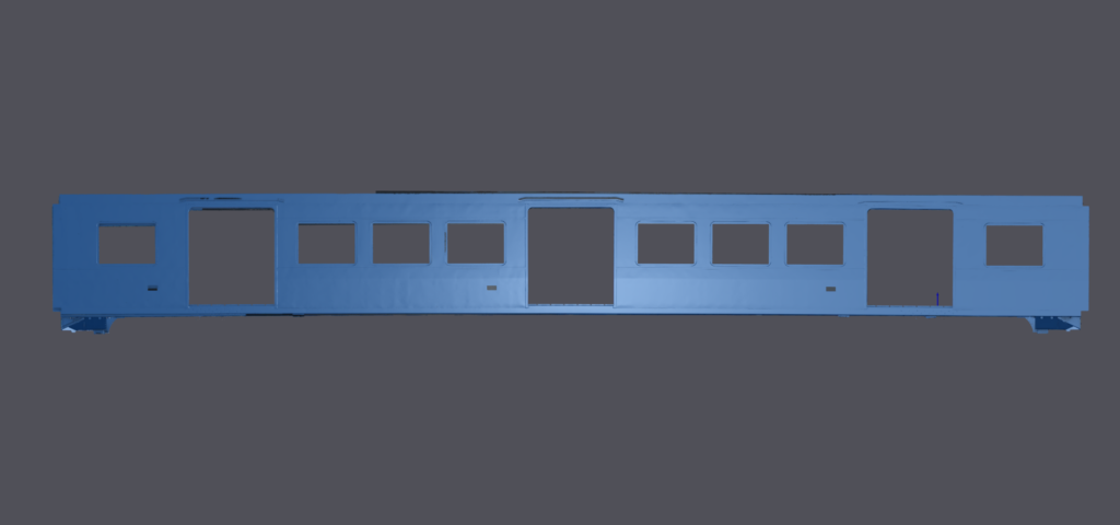 Full-field 3D scan mesh data of a metro wagon frame captured with Creaform HandySCAN 3D MAX