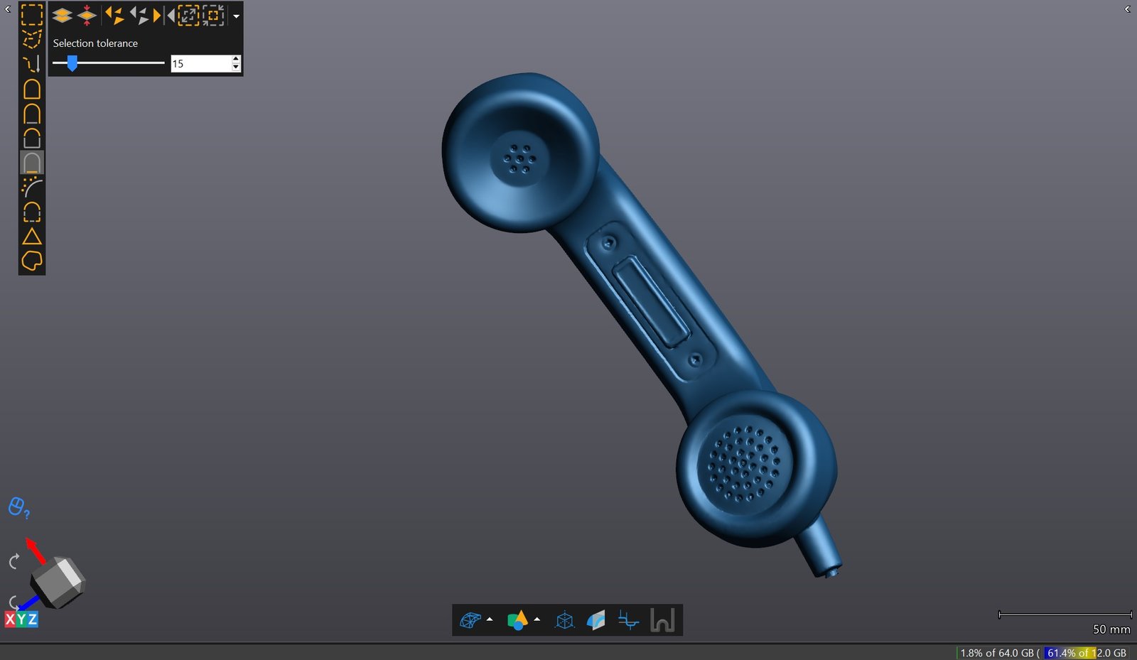 Blue 3D representation of a telephone handset showing the earpiece, mouthpiece openings and recessed handle details