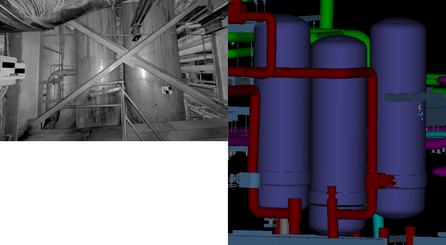 Industrial plant scan view alongside a coloured as-built model of vessels and piping