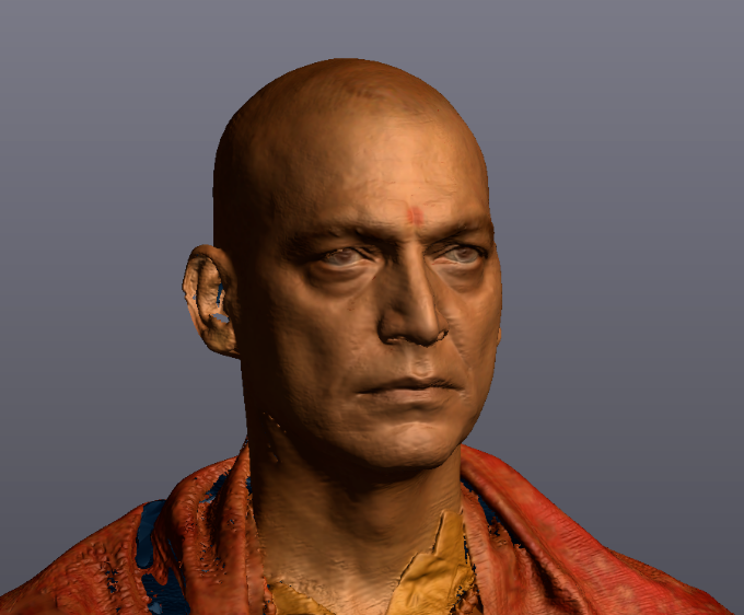 Textured 3D character scan showing the head and shoulders