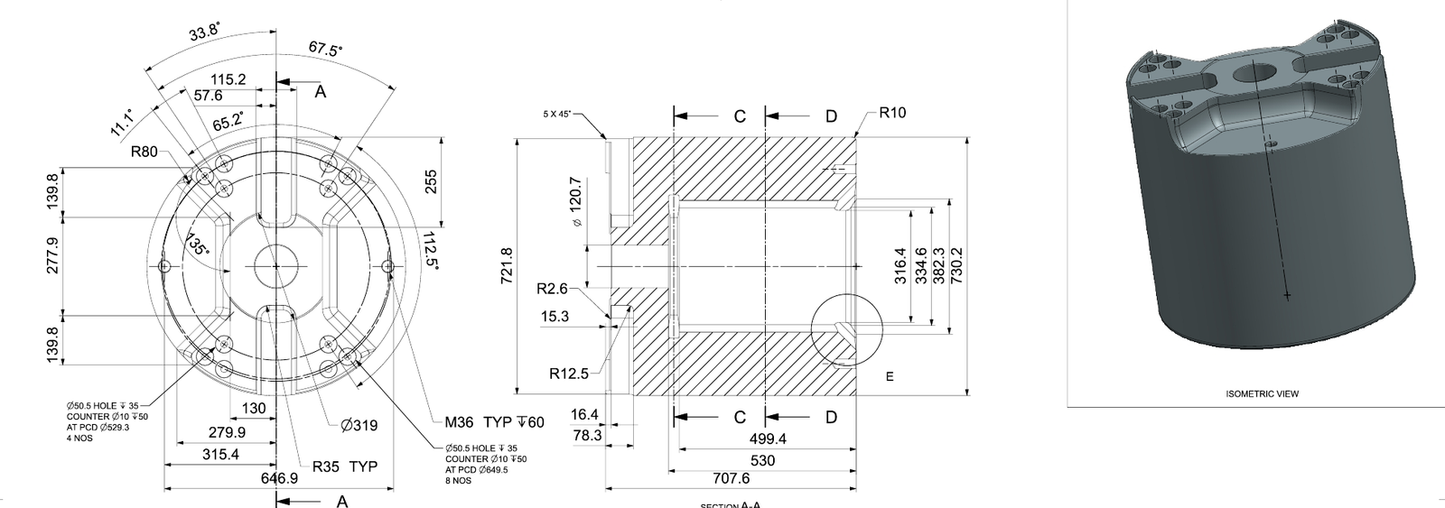 Reverse engineering drawing with dimensioned component views and a grey 3D CAD model