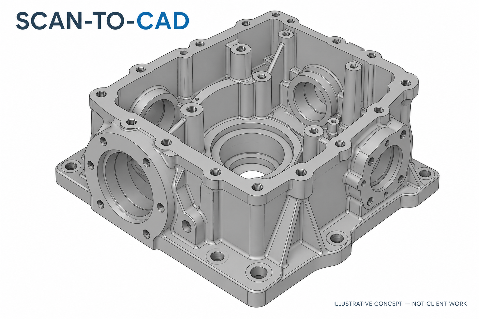 Illustrative grey mechanical CAD model showing a reconstructed component