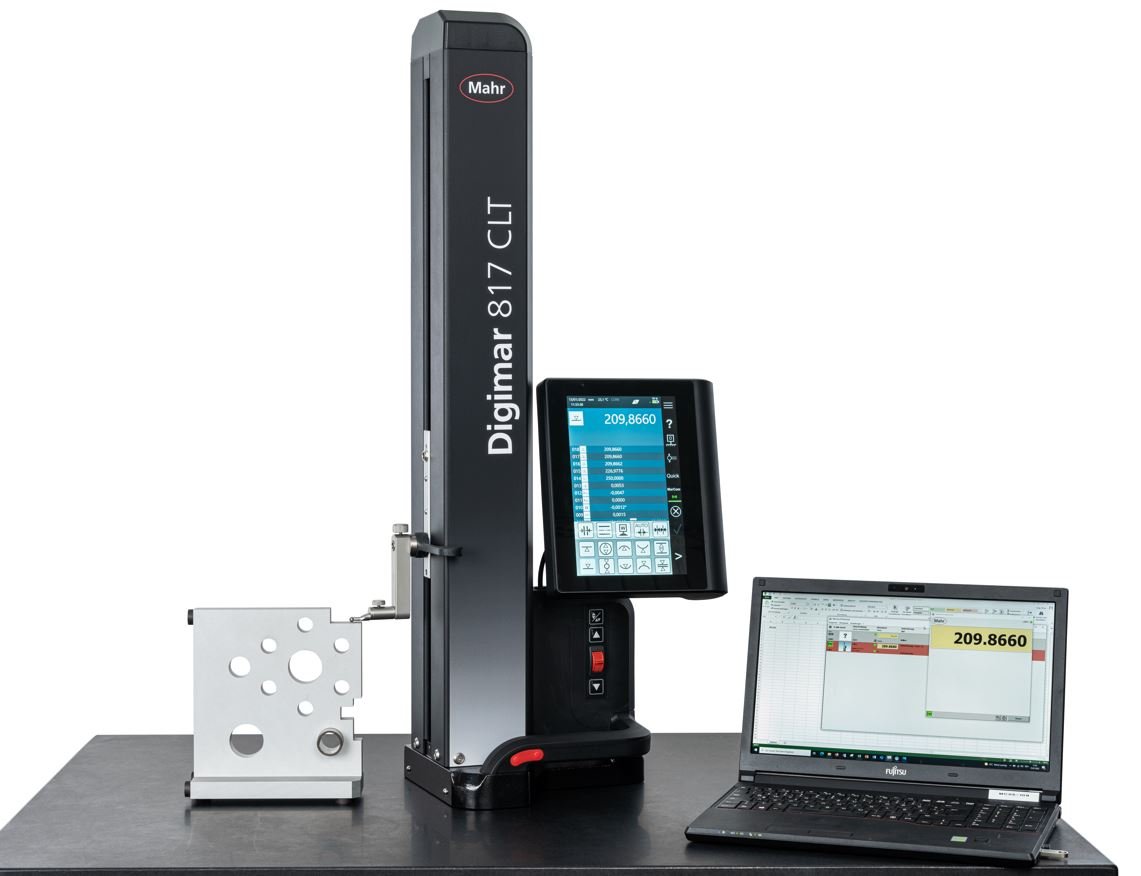 Mahr Digimar 817 CLT height-measuring system measuring a component beside its touchscreen and a laptop