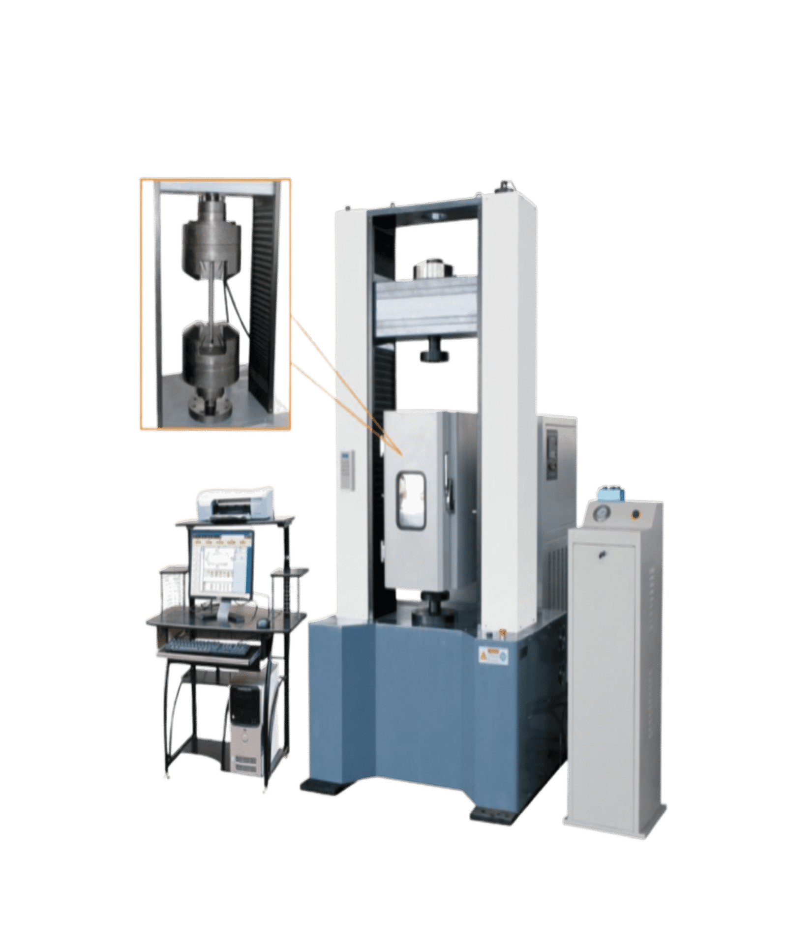 Universal testing machine with control cabinet, computer workstation and inset view of the test grips