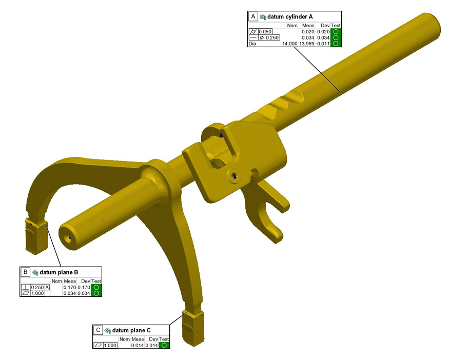 Mechanical component inspection view showing a yellow 3D model with datum cylinder and datum plane measurement callouts