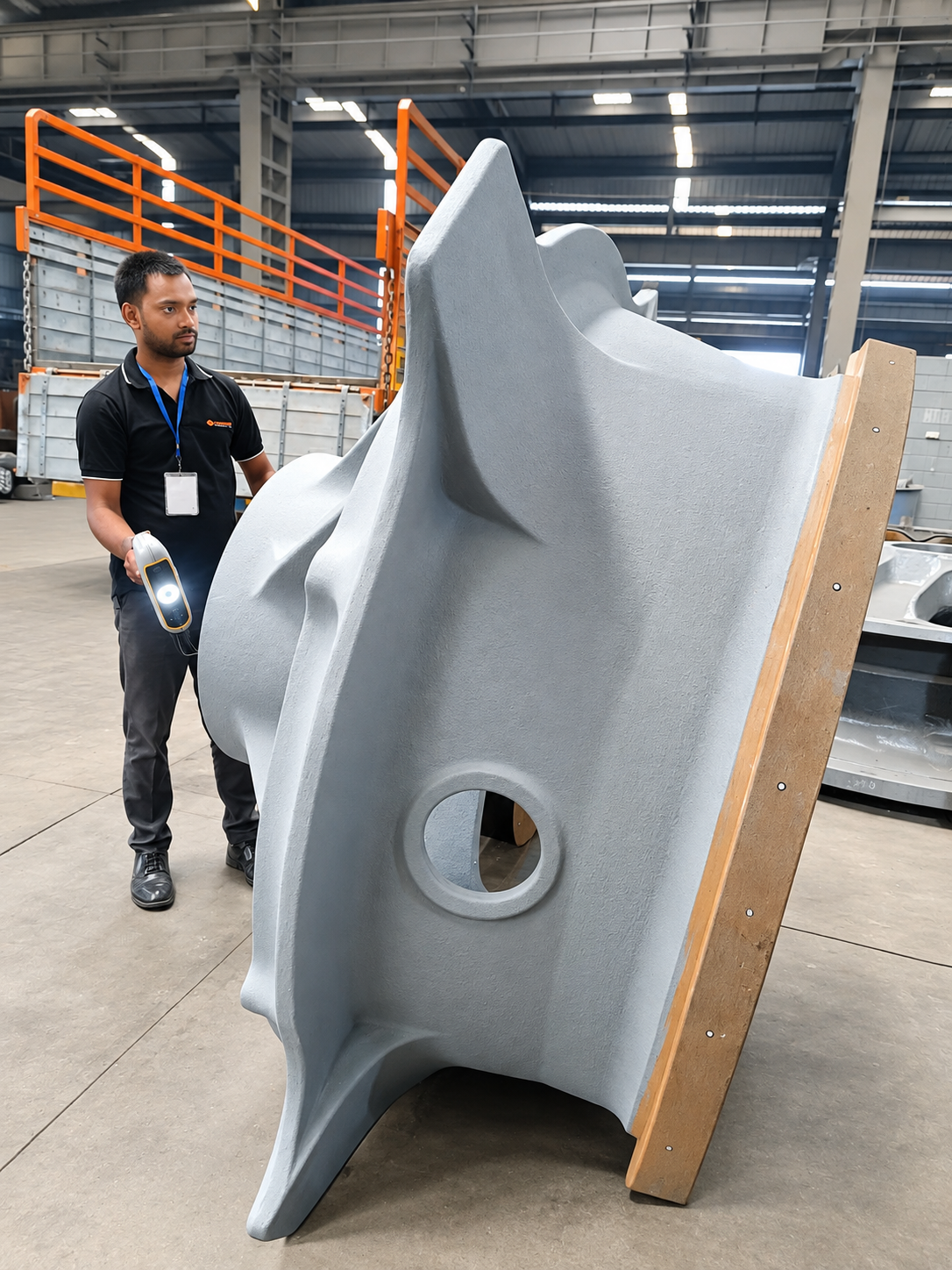 Operator using a Peel 3 handheld 3D scanner beside a large mechanical component in a workshop
